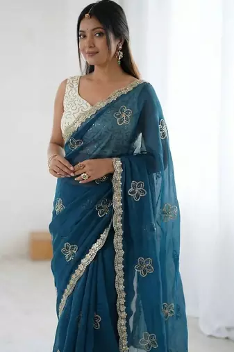Teal floral embroidered silk blend designer saree