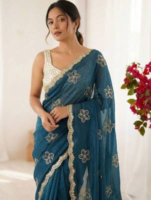 Teal floral embroidered silk blend designer saree 5