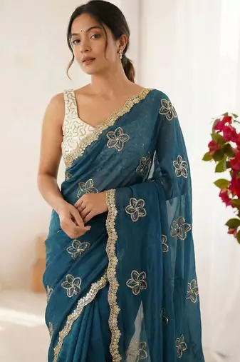 Teal floral embroidered silk blend designer saree