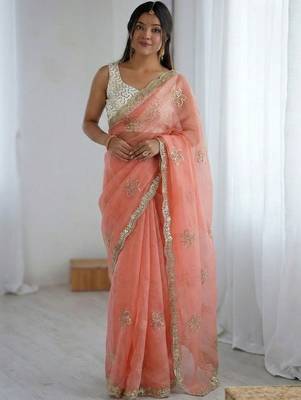 peach floral embroidered silk blend designer saree 1