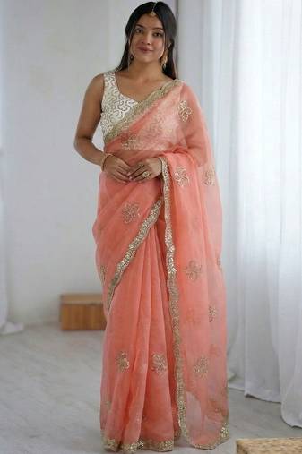 peach floral embroidered silk blend designer saree