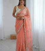 peach floral embroidered silk blend designer saree