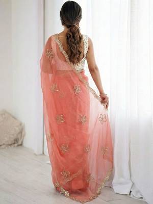 peach floral embroidered silk blend designer saree 2