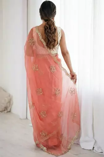 peach floral embroidered silk blend designer saree