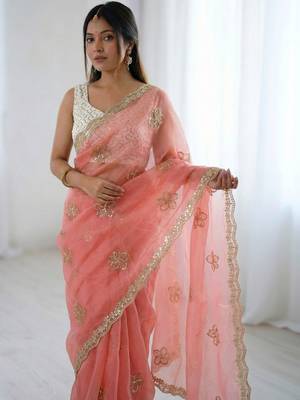 peach floral embroidered silk blend designer saree 3