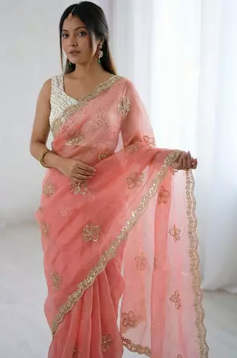 peach floral embroidered silk blend designer saree