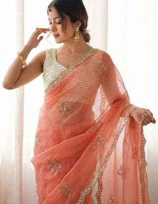 peach floral embroidered silk blend designer saree 4
