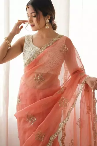 peach floral embroidered silk blend designer saree