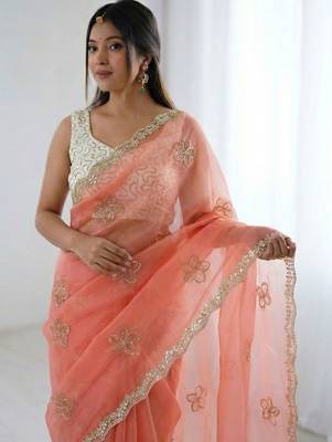 peach floral embroidered silk blend designer saree 5