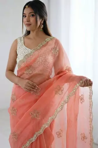 peach floral embroidered silk blend designer saree