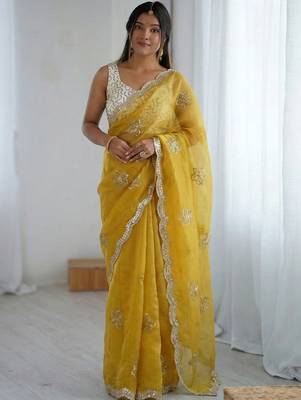 Yellow floral embroidered silk blend designer saree 1
