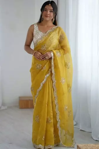 Yellow floral embroidered silk blend designer saree
