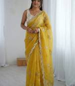 Yellow floral embroidered silk blend designer saree