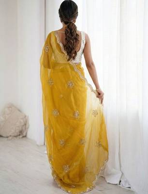 Yellow floral embroidered silk blend designer saree 2