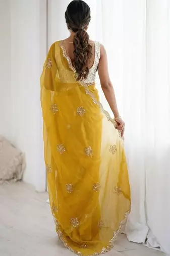 Yellow floral embroidered silk blend designer saree