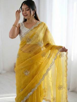 Yellow floral embroidered silk blend designer saree 3