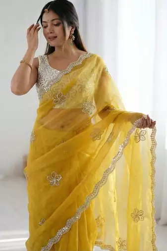 Yellow floral embroidered silk blend designer saree