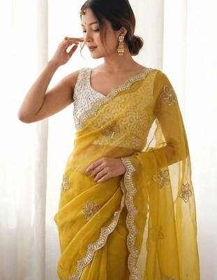 Yellow floral embroidered silk blend designer saree 4