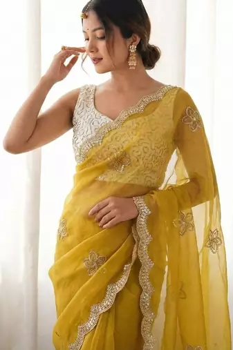 Yellow floral embroidered silk blend designer saree