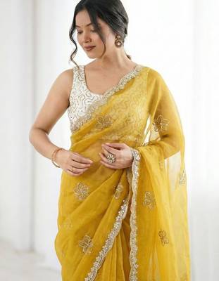 Yellow floral embroidered silk blend designer saree 5