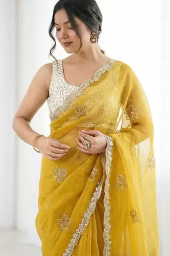 Yellow floral embroidered silk blend designer saree