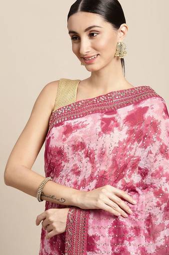 red red & white tie and dye sequinned saree