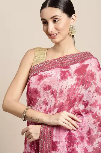 red red & white tie and dye sequinned saree