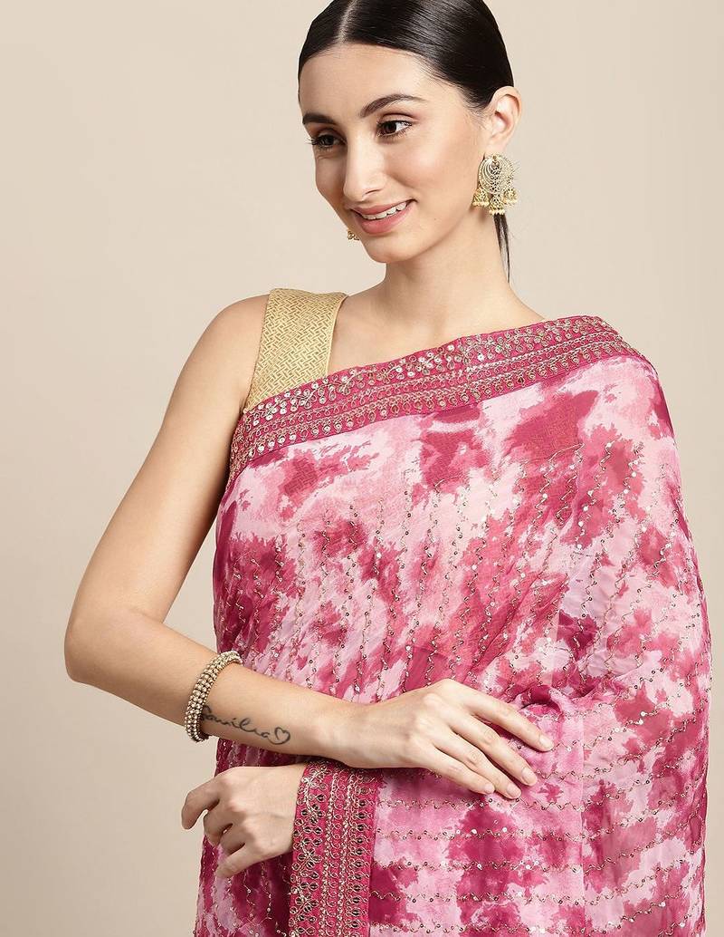 red red & white tie and dye sequinned saree
