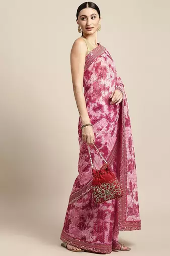 red red & white tie and dye sequinned saree