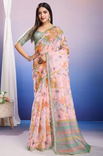 Peach floral sequinned organza saree