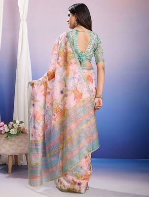 Peach floral sequinned organza saree 2