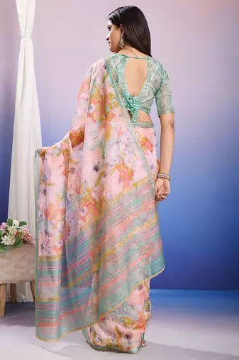Peach floral sequinned organza saree