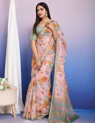 Peach floral sequinned organza saree 3