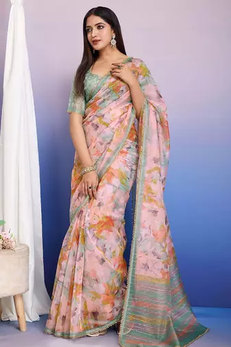 Peach floral sequinned organza saree