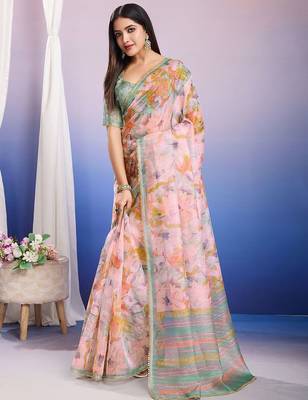 Peach floral sequinned organza saree 4