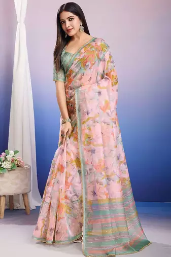 Peach floral sequinned organza saree