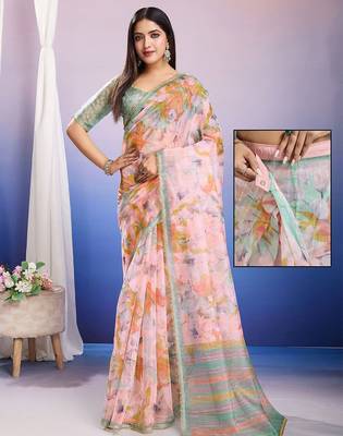 Peach floral sequinned organza saree 5