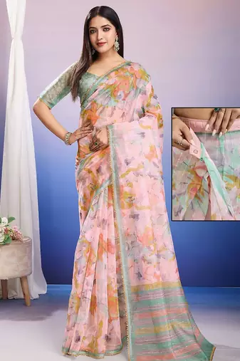 Peach floral sequinned organza saree