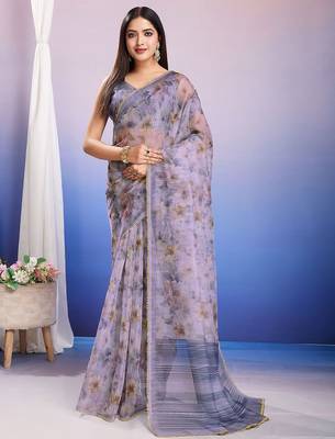 Purple floral sequinned organza saree 1