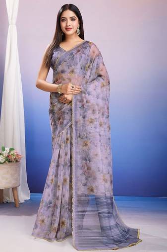 Purple floral sequinned organza saree