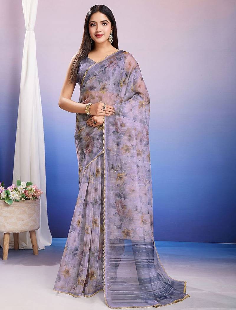 Purple floral sequinned organza saree