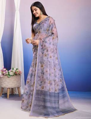 Purple floral sequinned organza saree 2