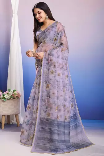 Purple floral sequinned organza saree