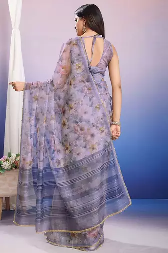 Purple floral sequinned organza saree