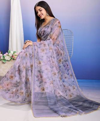 Purple floral sequinned organza saree 4