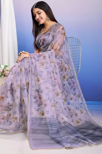 Purple floral sequinned organza saree
