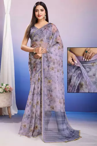 Purple floral sequinned organza saree