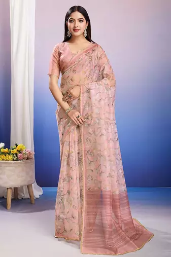 Pink floral sequinned organza ready to wear saree