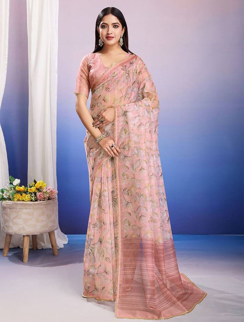 Pink floral sequinned organza ready to wear saree