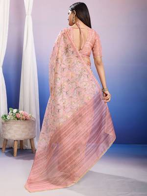 Pink floral sequinned organza ready to wear saree 2